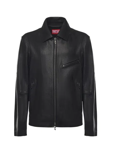 Diesel Leather Jacket With Embossed Oval D In Tobedefined