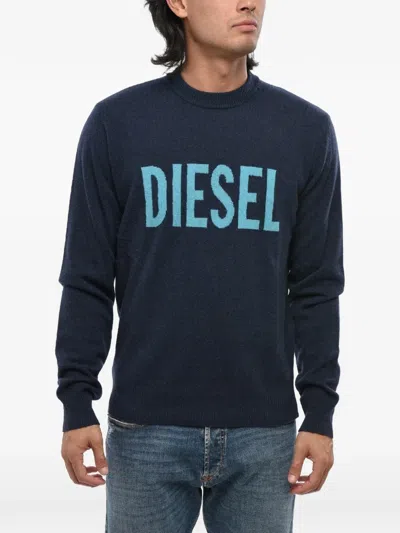 Diesel Jacquard-logo Crew-neck Sweater In Blue