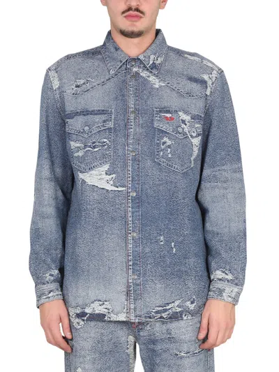 Diesel Distressed Denim Shirt In Blue