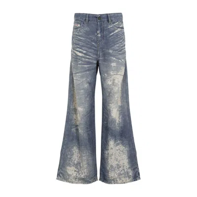 Diesel Wide-leg Jeans With Distressed Finish And Cotton Blend In Blue