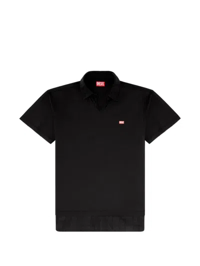Diesel Checkered Flannel Collar Raw-edge V-neck Tee With Chest Transfer Label In Black