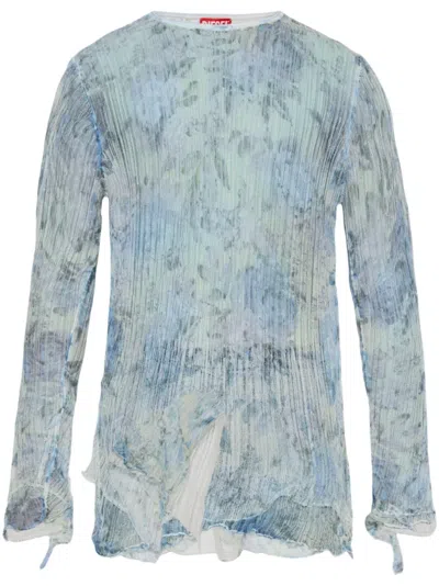 Diesel Dishevelled Knit Jumper With Floral Print In Blue