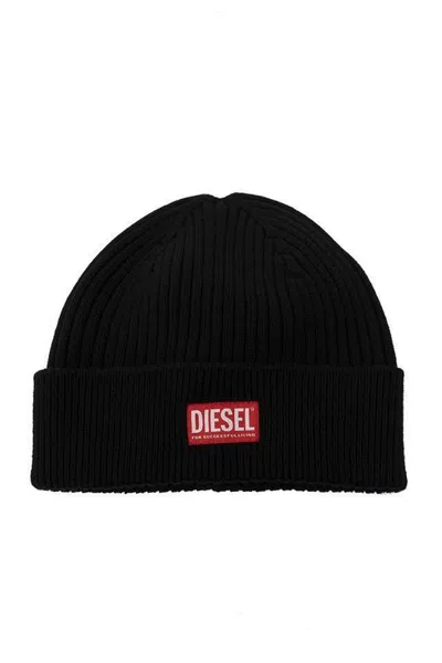 Diesel K-coder-h Logo Patch Ribbed Beanie In Black