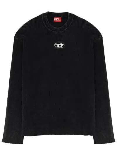Diesel Long Sleeve Crew Neck Ribbed Texture T-shirt In Black