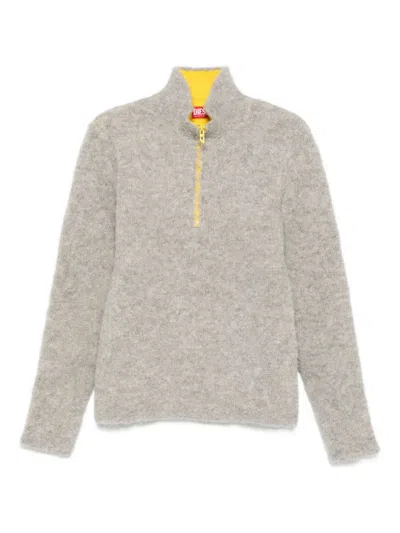 Diesel High Collar Textured Knitwear Zipper In Gray