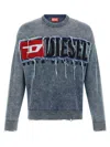 Diesel Distressed Crewneck Sweater With Ribbed Cuffs In Blue