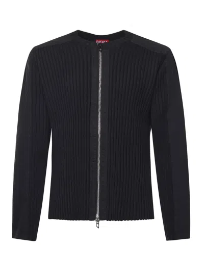 DIESEL K-MATTY BLACK CREWNECK RIBBED KNIT SWEATSHIRT WITH FRONT ZIP CLOSURE IN COTTON MAN