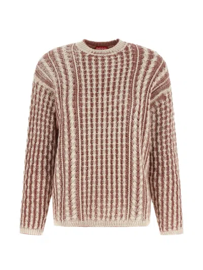 Diesel Textured Knit Sweater With Vertical And Cable Stripes In Brown
