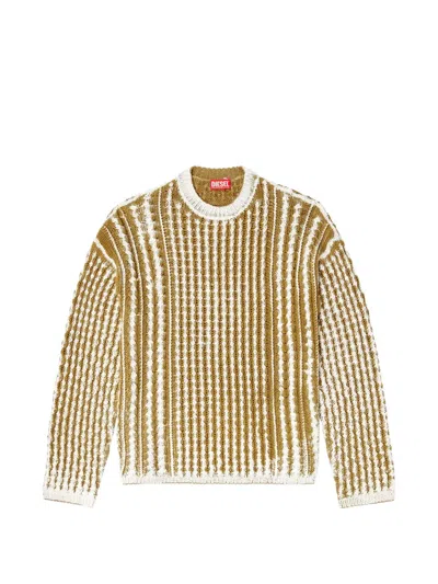 Diesel Textured Knit Sweater With Vertical Stripes In Cream And Olive Tones In Yellow