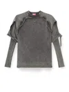 Diesel Crewneck Sweater With Distressed Layered Sleeves And Raw Hem In Gray