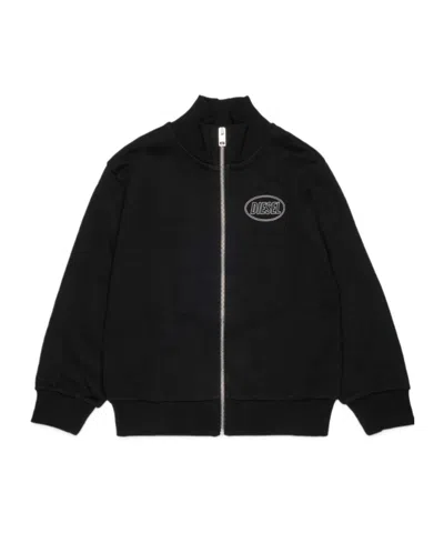 Diesel Kids Logo Printed Zipped Sweatshirt In Black