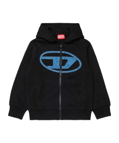 Diesel Kids Oval-d Logo Printed Zipped Hoodie In Black