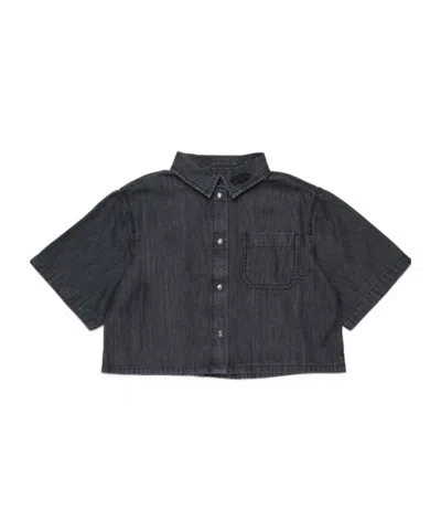 Diesel Kids Oval-d Logo Embroidered Denim Shirt In Black