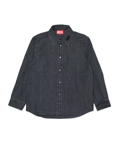 Diesel Kids Oval-d Logo Embroidered Denim Shirt In Blue