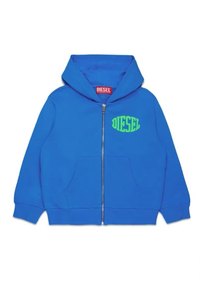Diesel Kids Sbolczip Over Logo Printed Zipped Hoodie In Blue