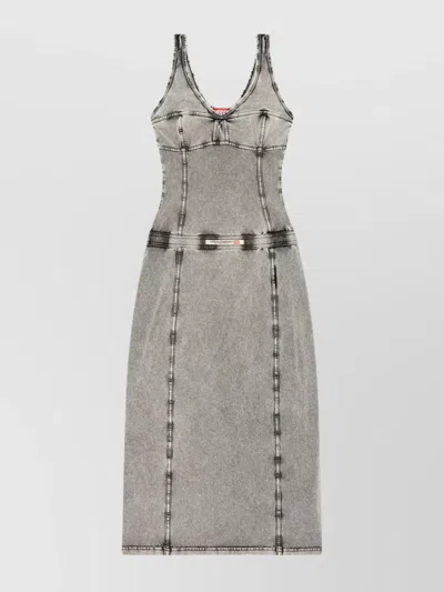 Diesel Knee Length Denim Dress With Contrast Stitching In Gray