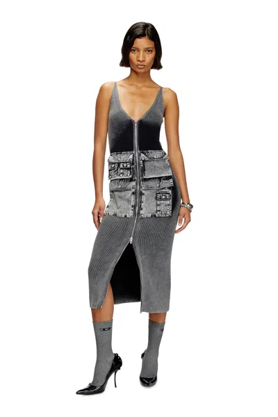 Diesel Knit Midi Dress With Denim Cargo Pockets In Grey