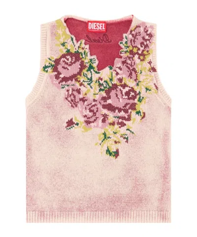 Diesel Knit Vest In Floral Wool-blend Knit In Pink