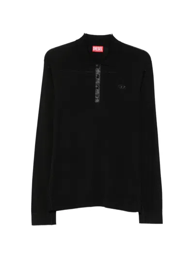 Diesel K-vilnius Logo-patch Long-sleeve Polo Shirt In Black