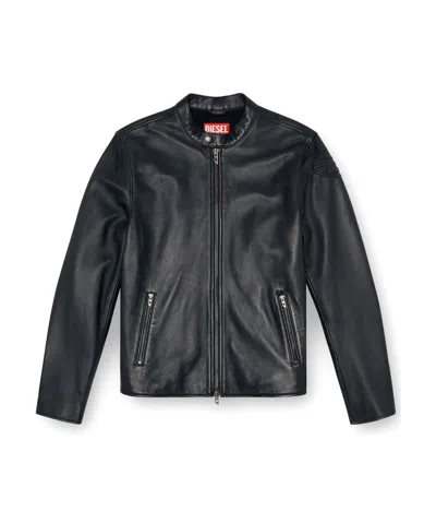 DIESEL DIESEL L-CARVER LOGO EMBOSSED LEATHER BIKER JACKET