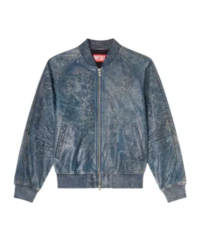 Diesel L-cobb Leather Bomber Jacket In Blue