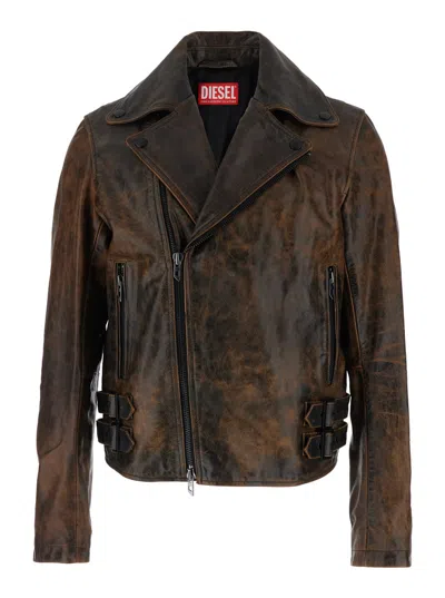 Diesel L-eon Brown Biker Jacket With Classic Wide Lapel And Distressed Look In Leather Man
