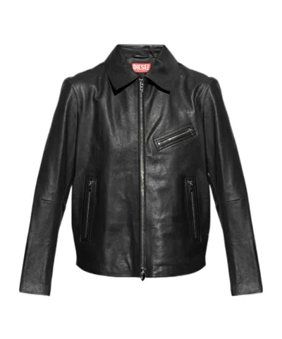Diesel Leather Jacket With Embossed Oval D In Tobedefined