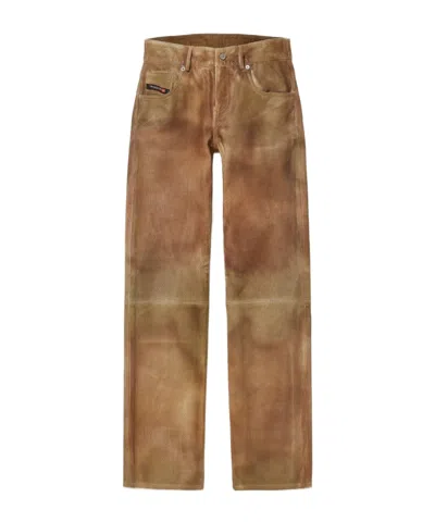 Diesel L-texa Leather Trousers In Brown