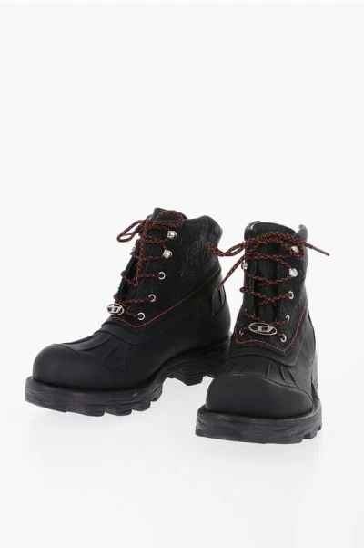 Diesel Lace-up D-hammer Abt Ankle Boots With Denim Detail In Black