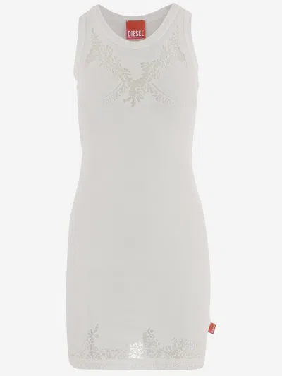 Diesel Lace-trimmed Ribbed Cotton Dress In White