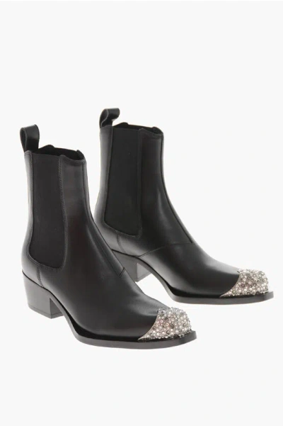 Diesel Leather Ankle Boots D-calamity With Rhinestone Toe 5cm In Black