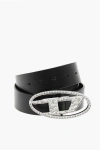 Diesel Leather Belt With Rhinestoned Logoed Buckle 40mm In Brown