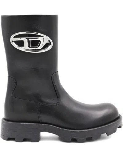 Diesel Leather Biker Boots In Black