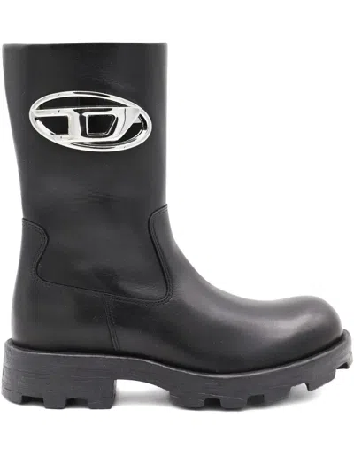 Diesel Leather Biker Boots In Black