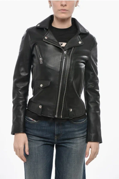 Diesel Leather Biker Jacket R-sinya-a With Silver-effect Buttons In Black