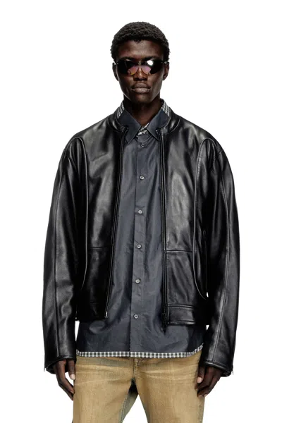 Diesel Leather Biker Jacket With Piping Detail In Black