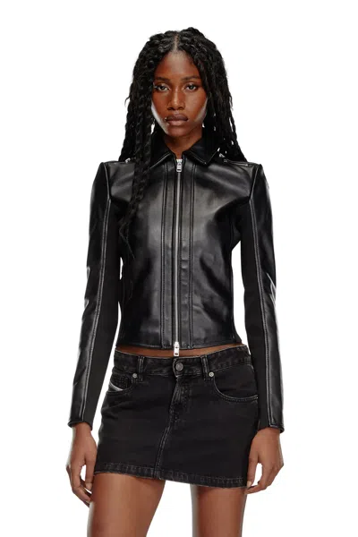 Diesel Leather Biker Jacket With Rib Panels In Black
