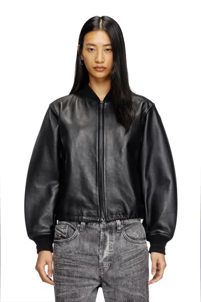 Diesel Leather Bomber Jacket In Black