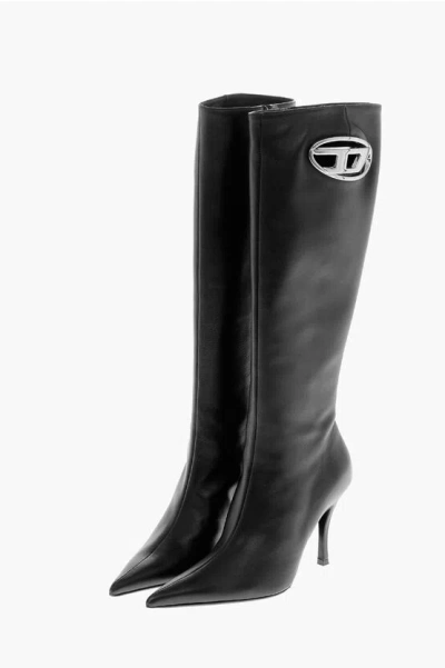 Diesel Leather Boots D-venus With Cut-out Logo And 9cm Heel In Black