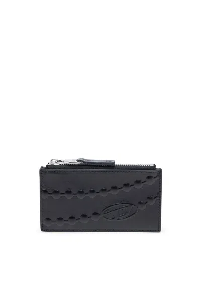 Diesel Leather Card Holder With Embossed Chain Motif In Black
