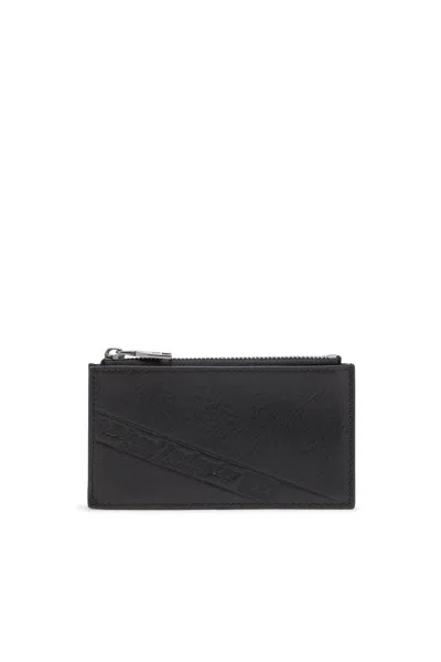 Diesel Leather Card Holder With Zip Closure In Black