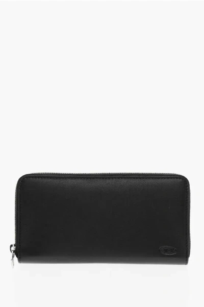 Diesel Leather Continental Wallet With Zip Closure In Black