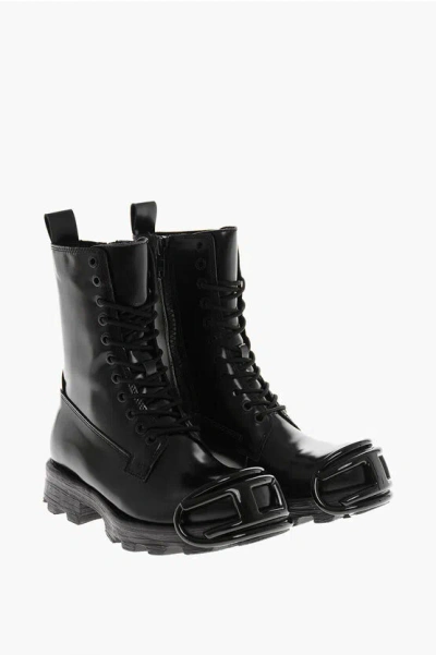 Diesel Leather Hammer Combat Booties With Logoed Toe In Black
