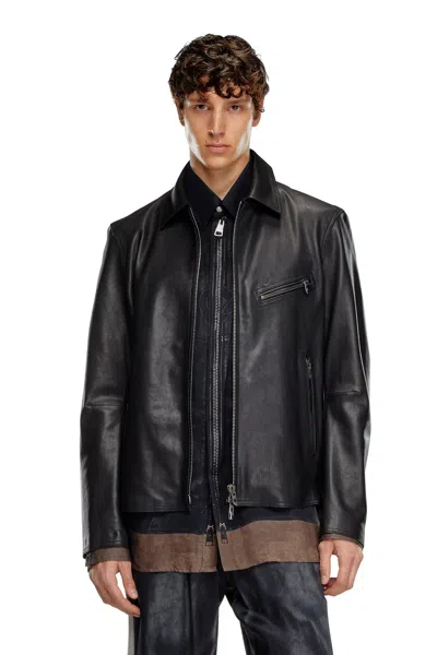 Diesel Leather Jacket With Embossed Oval D In Tobedefined