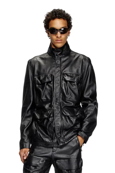 Diesel Leather Jacket With Utility Pockets In Black