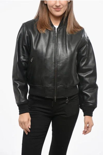 DIESEL LEATHER L-ILAN BOMBER JACKET WITH ZIP CLOSURE