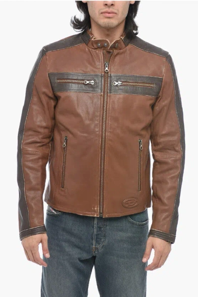 Diesel Leather L-muse Padded Jacket With Vintage Effect In Brown