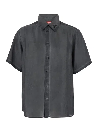 Diesel Leon Black T-shirt With Classic Collar And Logo Detail On The Collar In Tech Fabric Man