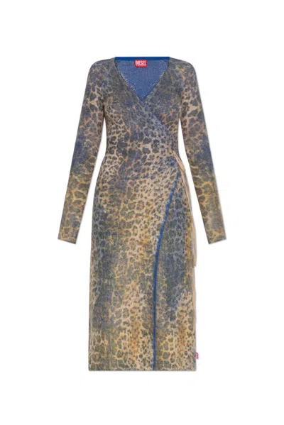 Diesel Animal Print Wrap Dress With Tie Detail In Dirty Denim