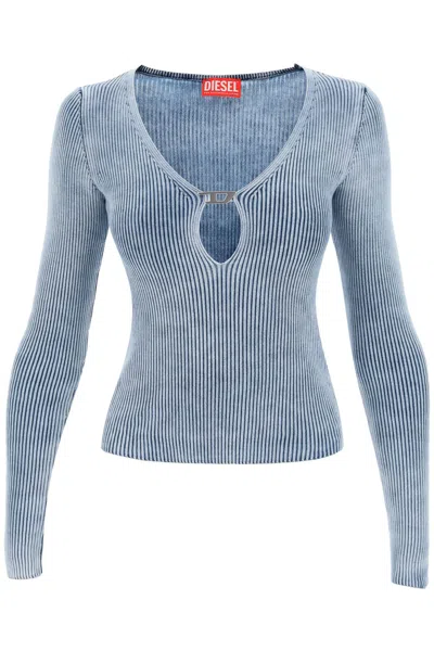Diesel Light Blue Ribbed Cotton V-neck Sweater With Logo Plaque